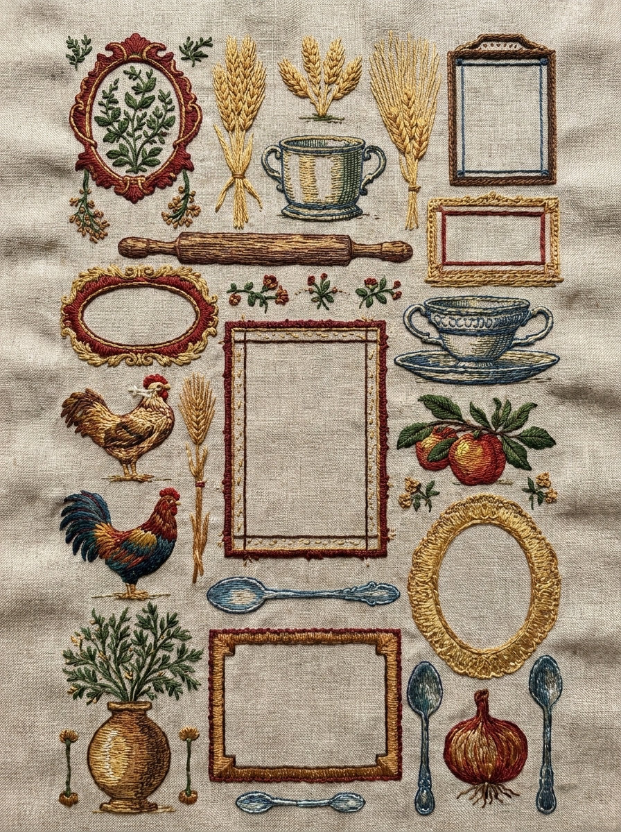 Pantry Label And Recipe Plate from Kitchen Towels & Aprons Embroidery Book 4, a digital embroidery design reference for machine embroidery designs, embroidery patterns and frames and monogram spaces.