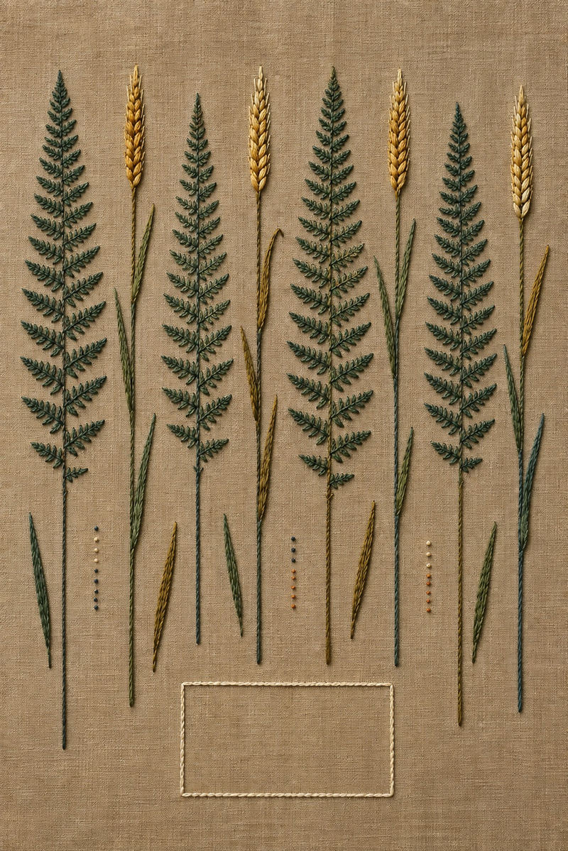 Illustrative embroidery design: Fern fronds alternate with rye spikes in a vertical botanical ledger.