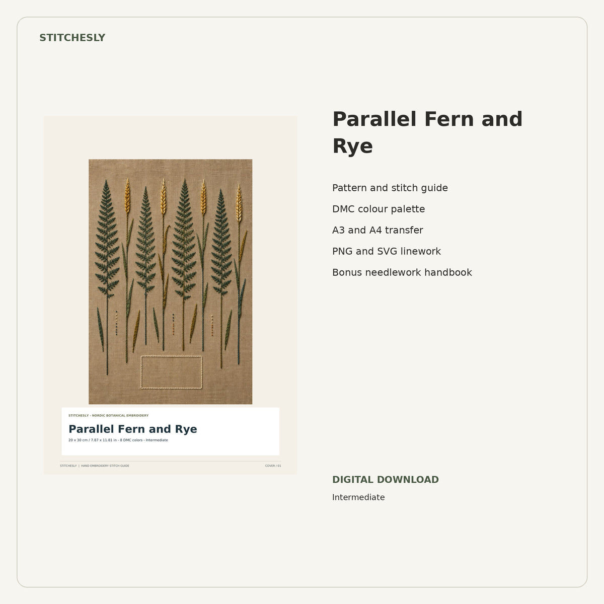 Parallel Fern and Rye PDF stitch guide cover, pattern files and bonus needlework handbook.