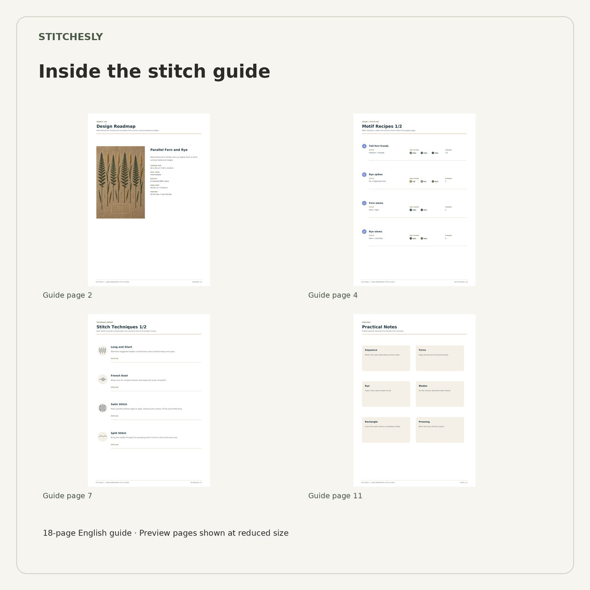 Four reduced-size preview pages from the 18-page Parallel Fern and Rye stitch guide.