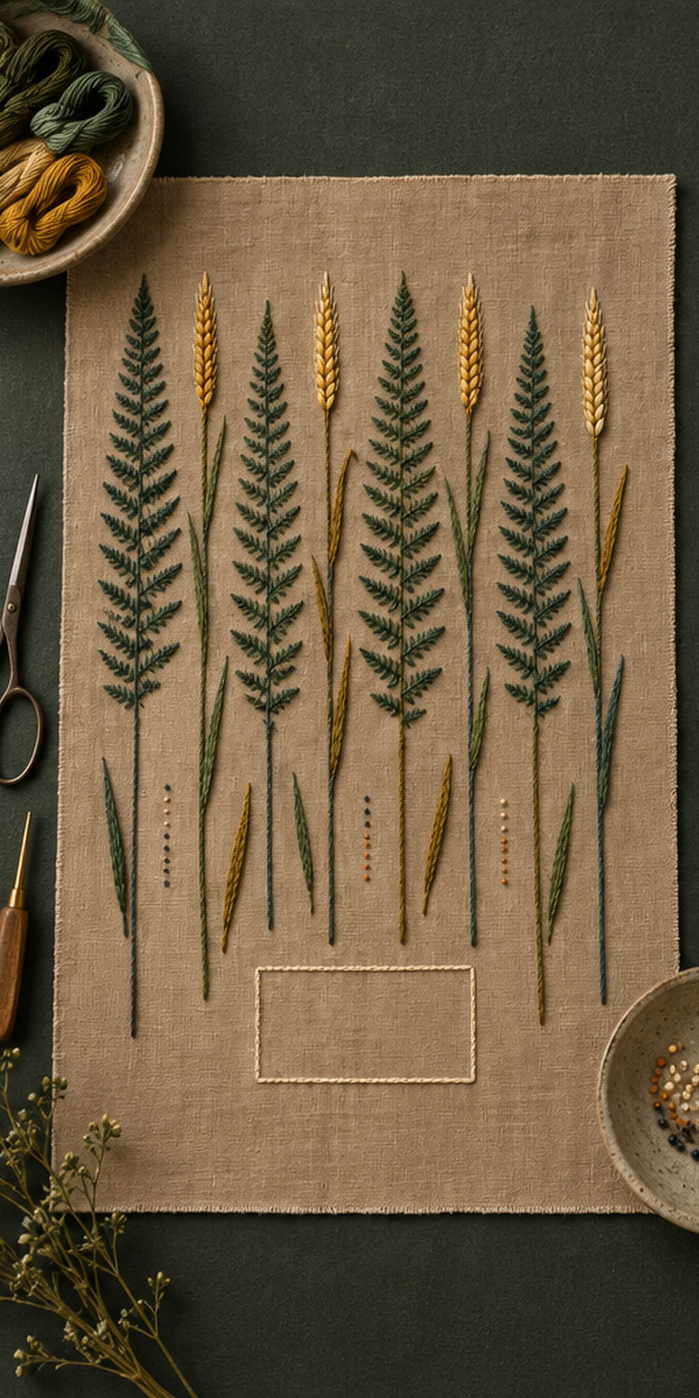 Botanical textile flat lay mockup featuring the Parallel Fern and Rye hand embroidery design. Fern fronds alternate with rye spikes in a vertical botanical ledger.