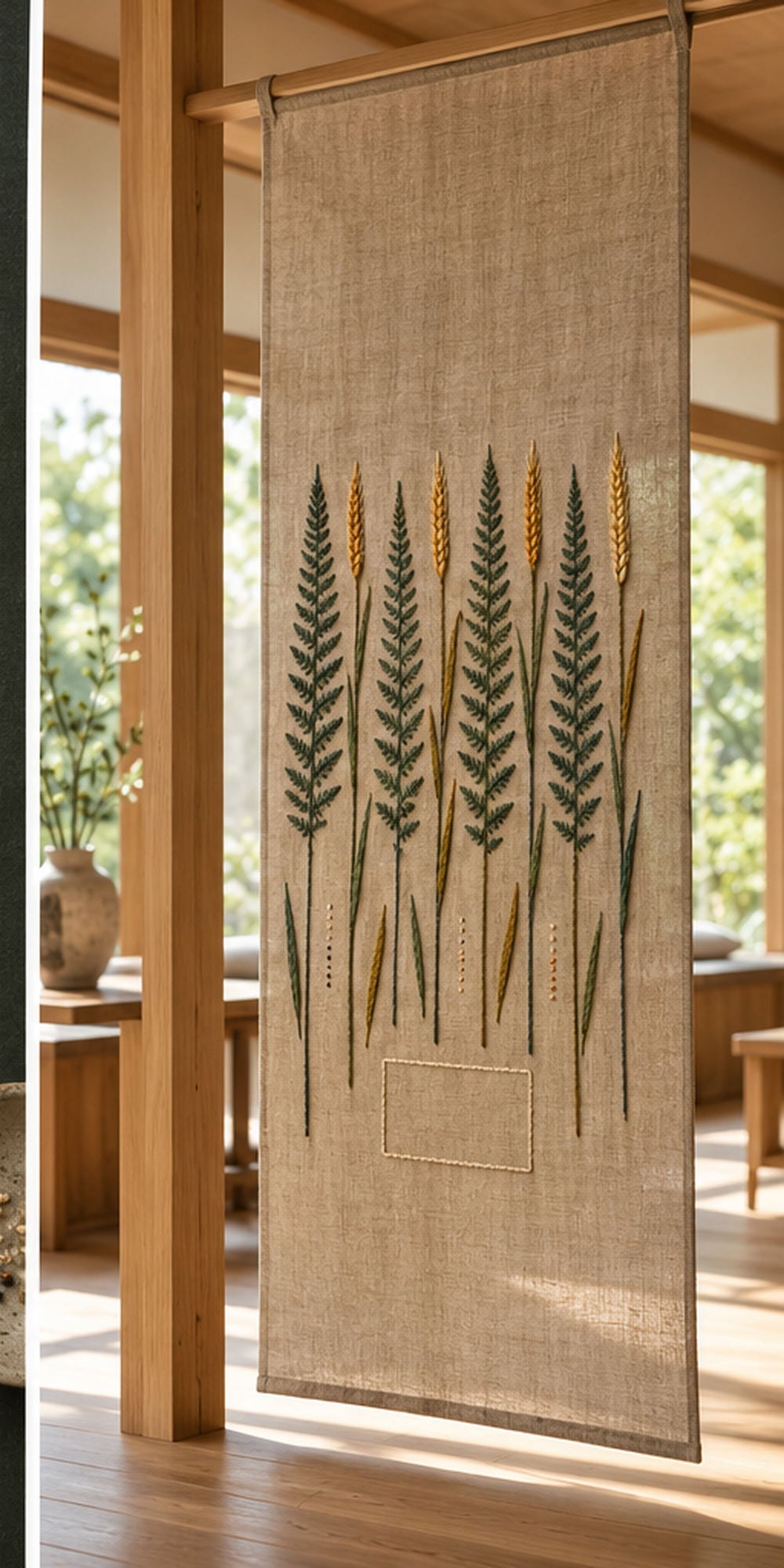Hanging linen panel mockup featuring the Parallel Fern and Rye hand embroidery design. Fern fronds alternate with rye spikes in a vertical botanical ledger.