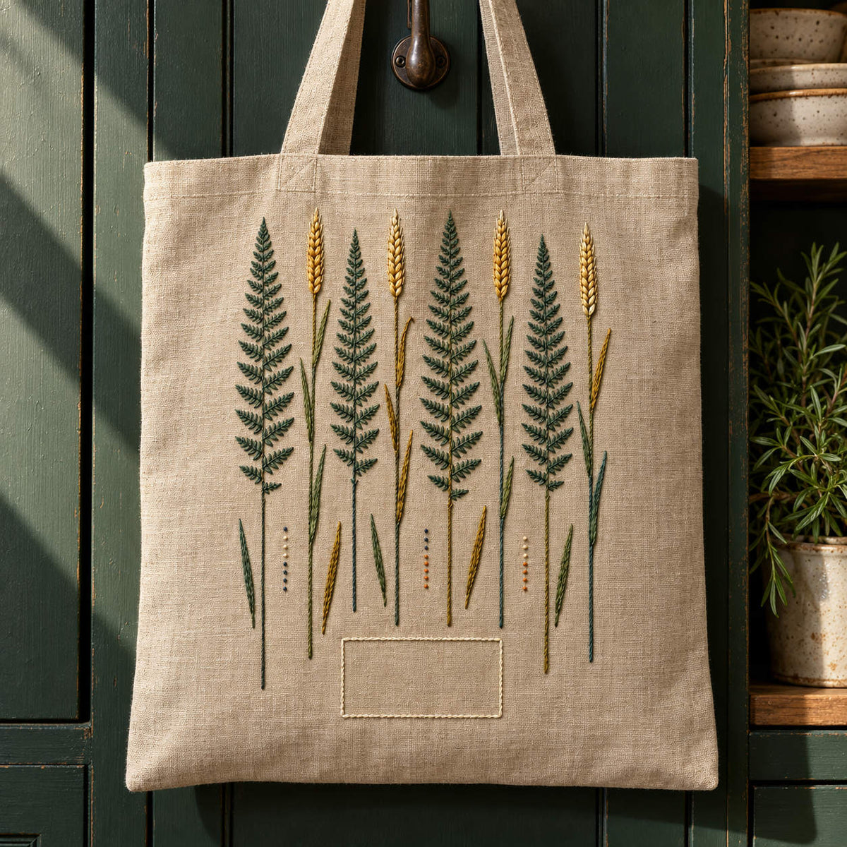 Linen tote bag mockup featuring the Parallel Fern and Rye hand embroidery design. Fern fronds alternate with rye spikes in a vertical botanical ledger.
