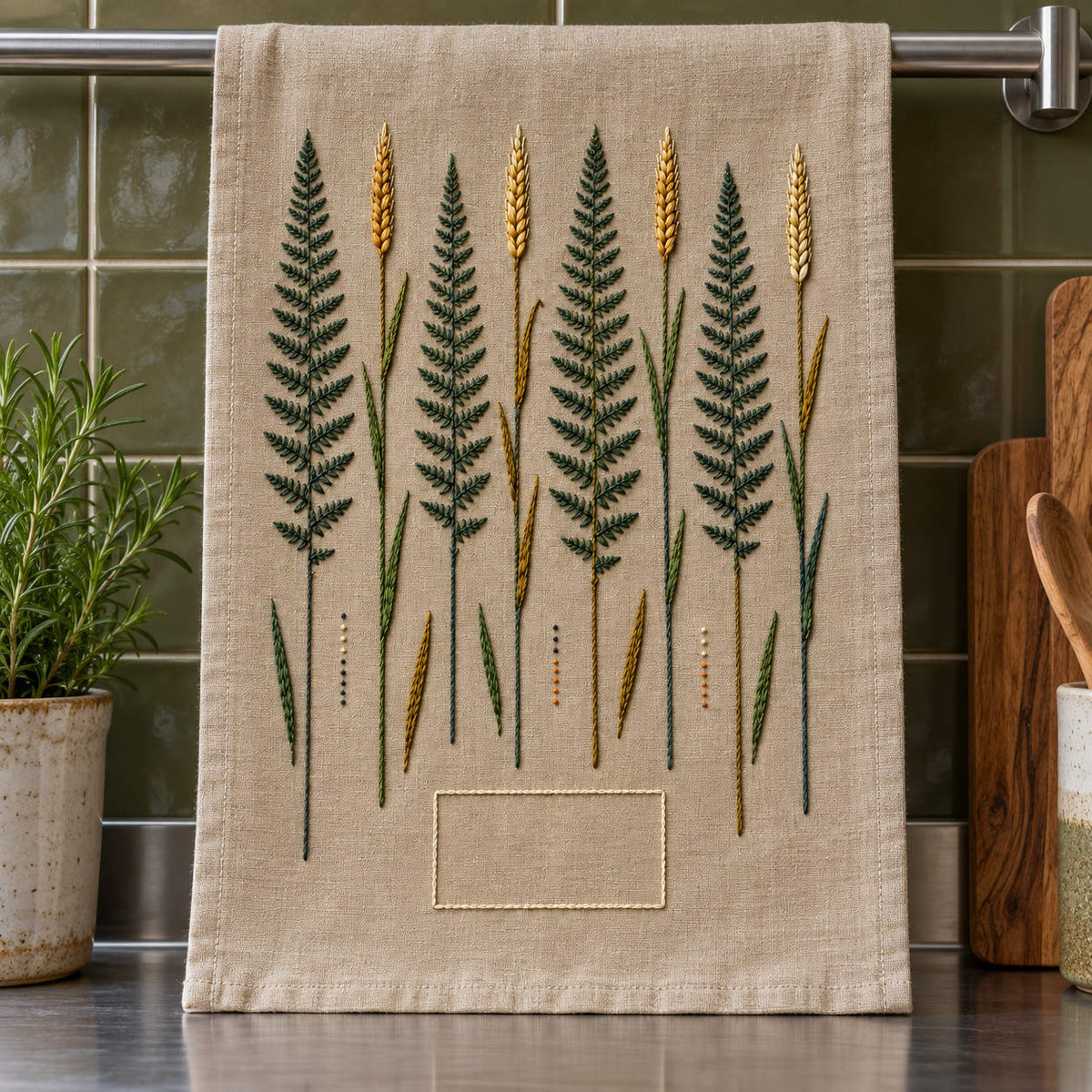 Hanging botanical panel mockup featuring the Parallel Fern and Rye hand embroidery design. Fern fronds alternate with rye spikes in a vertical botanical ledger.