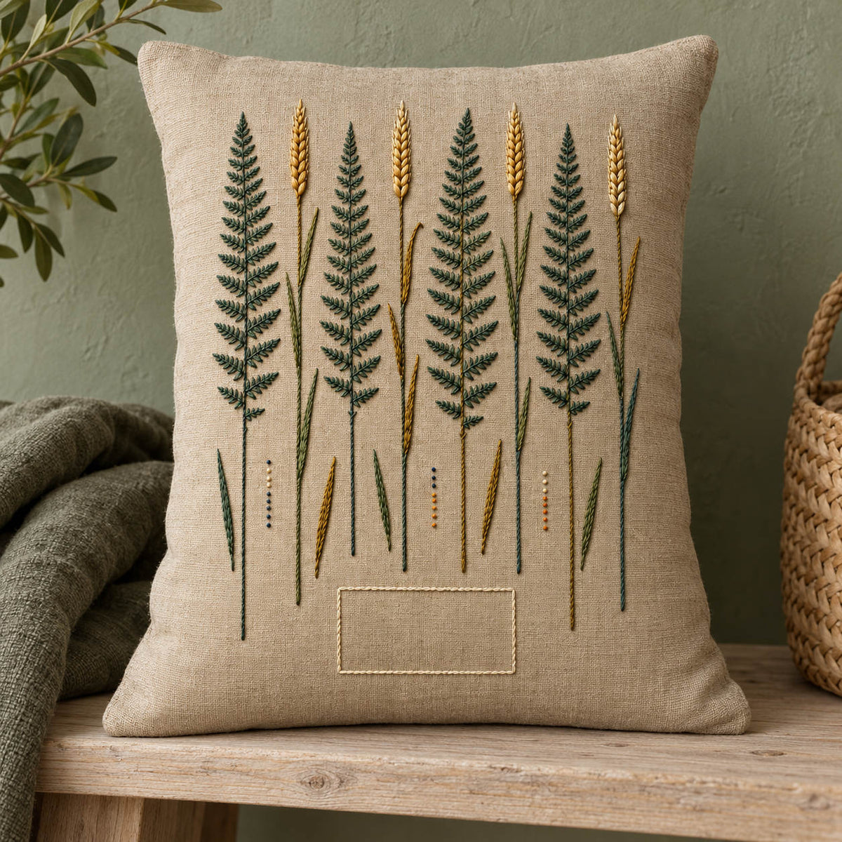 Linen cushion mockup featuring the Parallel Fern and Rye hand embroidery design. Fern fronds alternate with rye spikes in a vertical botanical ledger.