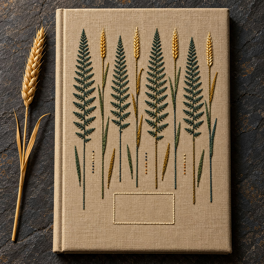 Linen textile laid flat mockup featuring the Parallel Fern and Rye hand embroidery design. Fern fronds alternate with rye spikes in a vertical botanical ledger.