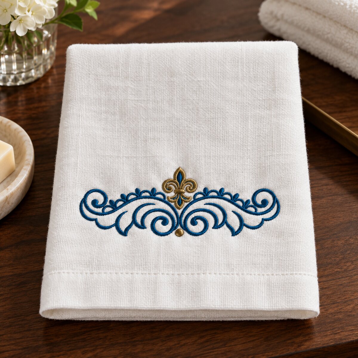 Peacock blue and antique brass fleur-de-lis scroll machine embroidery on a warm-white linen guest towel