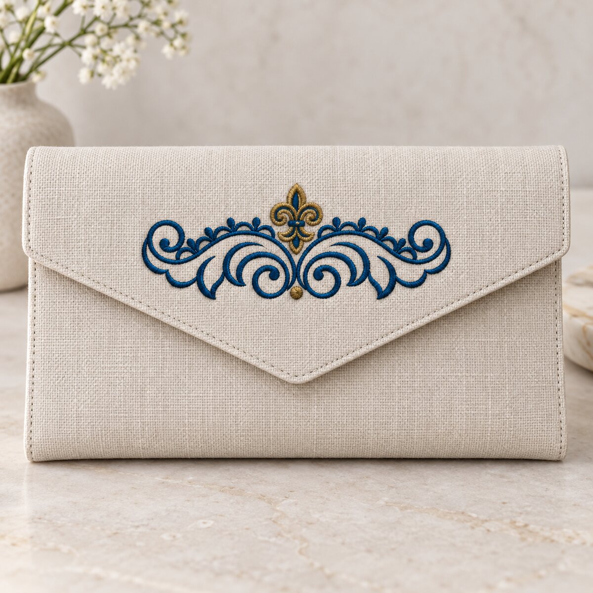 Two-color ornamental fleur-de-lis scroll machine embroidery on a structured natural linen clutch