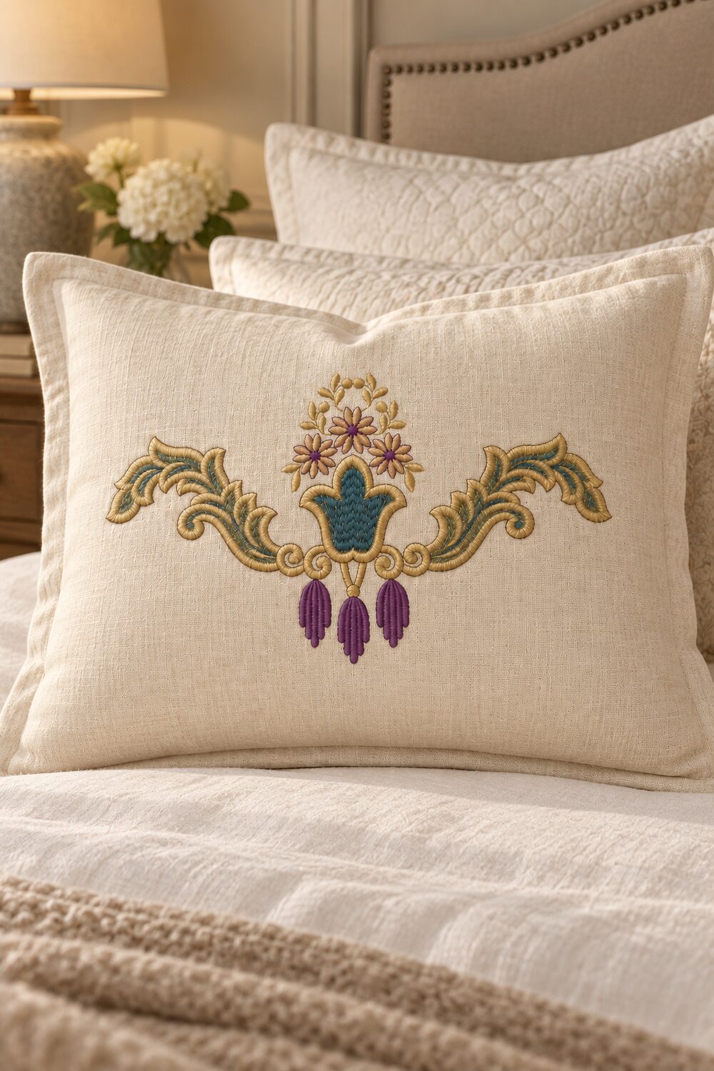 Non-seamless floral tassel crest in peacock teal, ochre-gold and mulberry centered on a linen bed sham