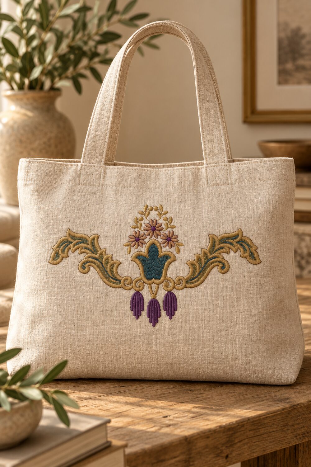 Single three-color floral tassel crest machine embroidery centered on a structured natural linen tote
