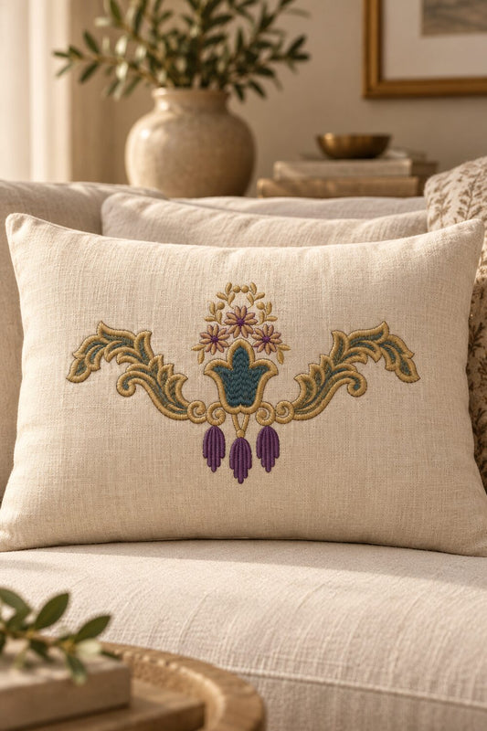 Three-color peacock teal, ochre-gold and mulberry floral tassel crest machine embroidery on a linen lumbar cushion