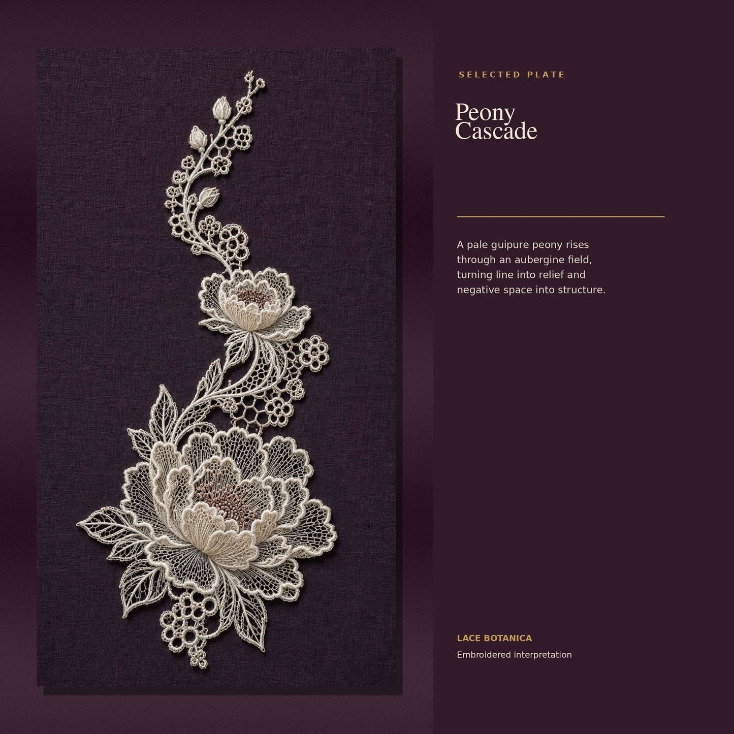 Peony Cascade embroidered guipure lace study on aubergine textile