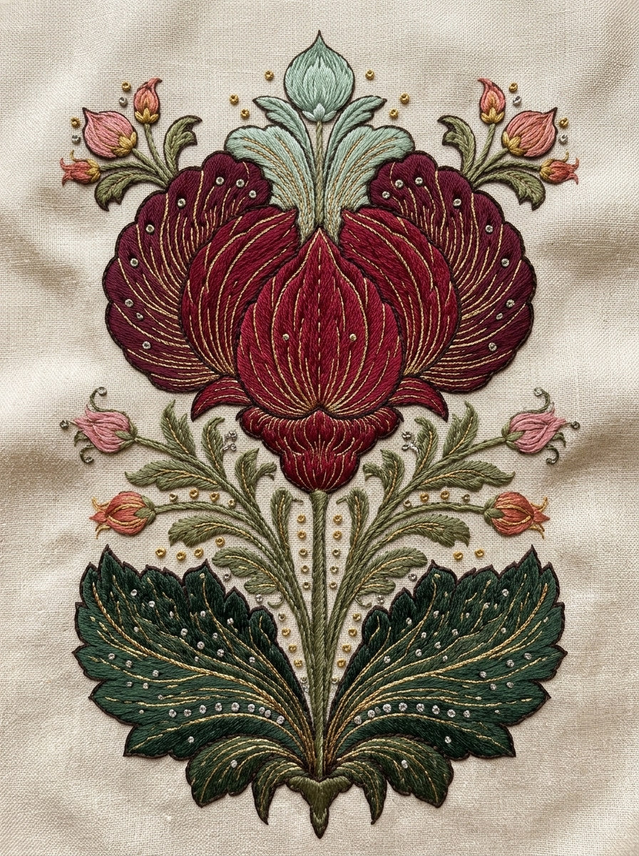 Persian Garden Blossom Motif Mughal from Mughal & Persian Garden Embroidery Book 6, a digital embroidery design reference for machine embroidery designs, embroidery patterns and botanical and floral embroidery.