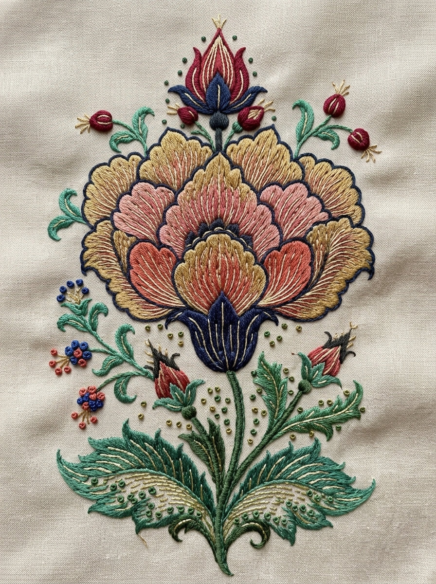 Persian Garden Blossom Motif Mughal from Mughal & Persian Garden Embroidery Book 5, a digital embroidery design reference for machine embroidery designs, embroidery patterns and botanical and floral embroidery.