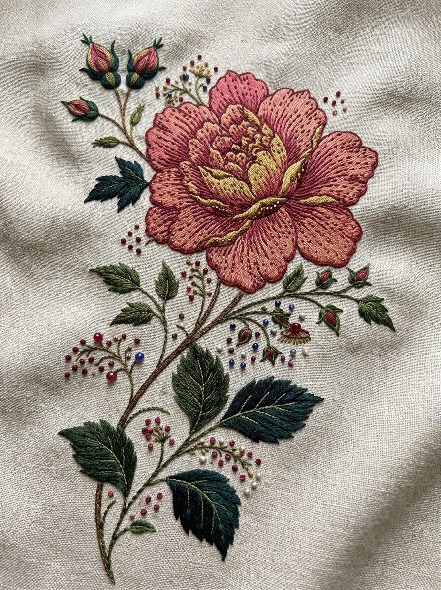 Persian Rose Garden Sprig Mughal from Mughal & Persian Garden Embroidery Book 5, a digital embroidery design reference for machine embroidery designs, embroidery patterns and small motif and accent designs.
