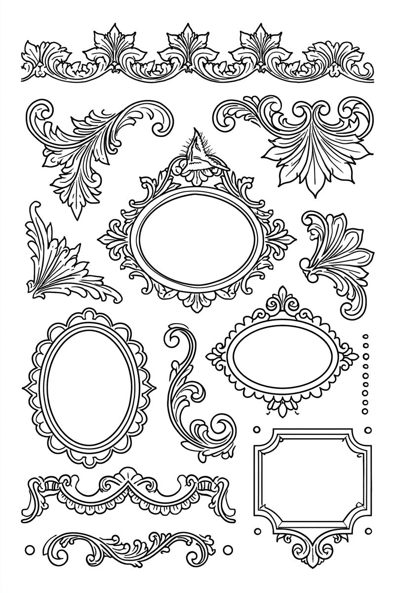 Petal Borders Corners And Frame from Neo Baroque Petal Forms Book 1, a digital embroidery design reference for machine embroidery designs, embroidery patterns and border and edge embroidery.