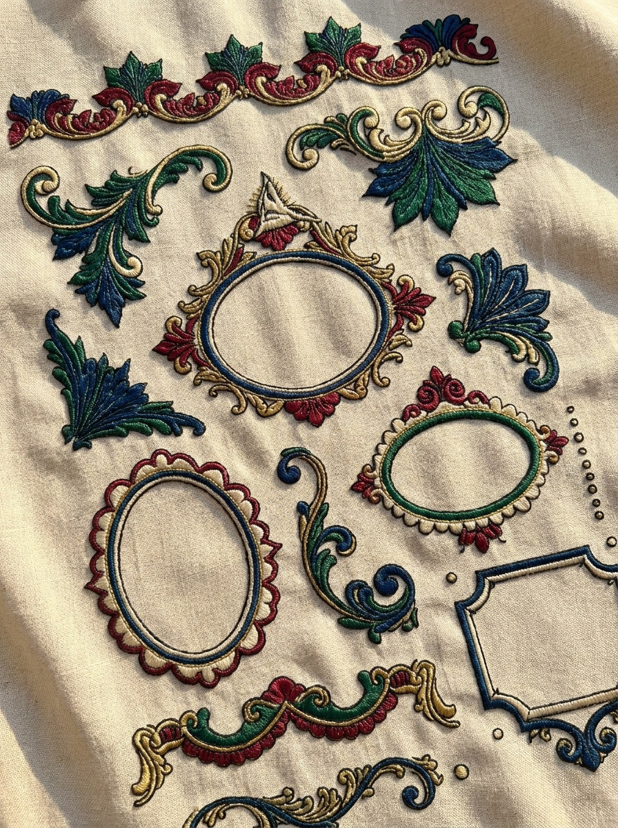 Petal Borders Corners And Frame from Neo Baroque Petal Forms Book 1, a digital embroidery design reference for machine embroidery designs, embroidery patterns and border and edge embroidery.