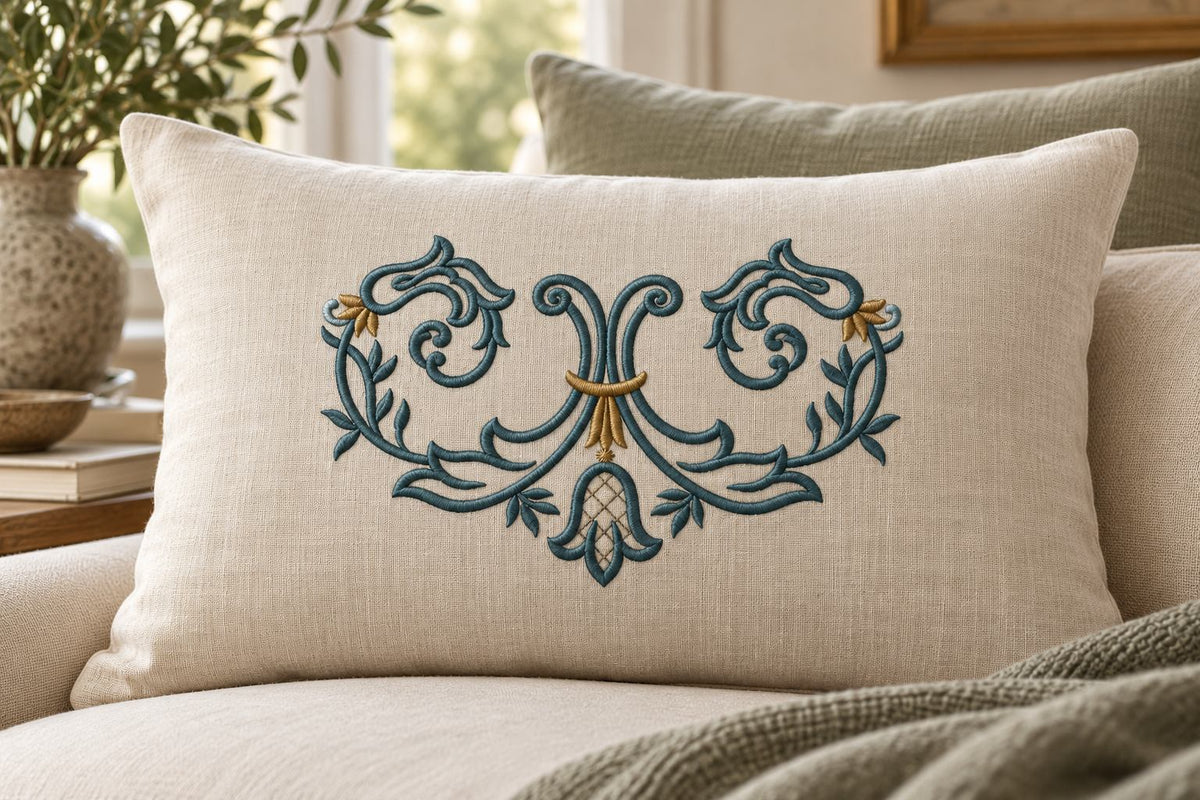 Photorealistic symmetrical acanthus scroll machine embroidery in deep petrol and antique brass thread on a wide linen cushion, shown as one fabric-stitched motif