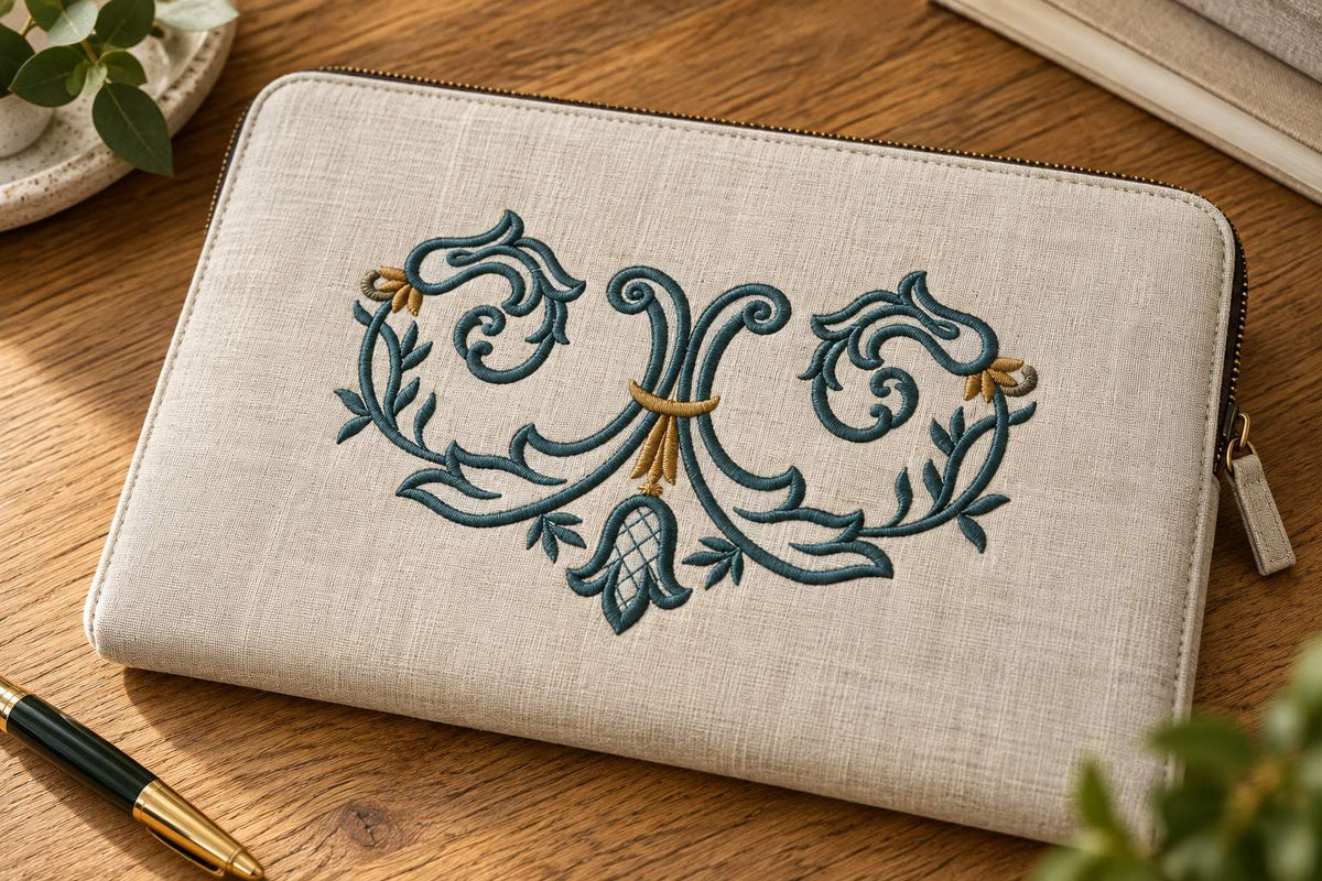 Photorealistic symmetrical acanthus scroll machine embroidery in deep petrol and antique brass thread on a linen zip folio, shown as one fabric-stitched motif