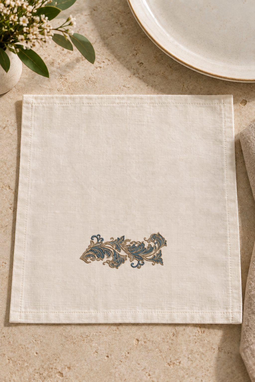 Open ivory dinner napkin with a contained two-tone acanthus ornament below the center beside a ceramic plate.