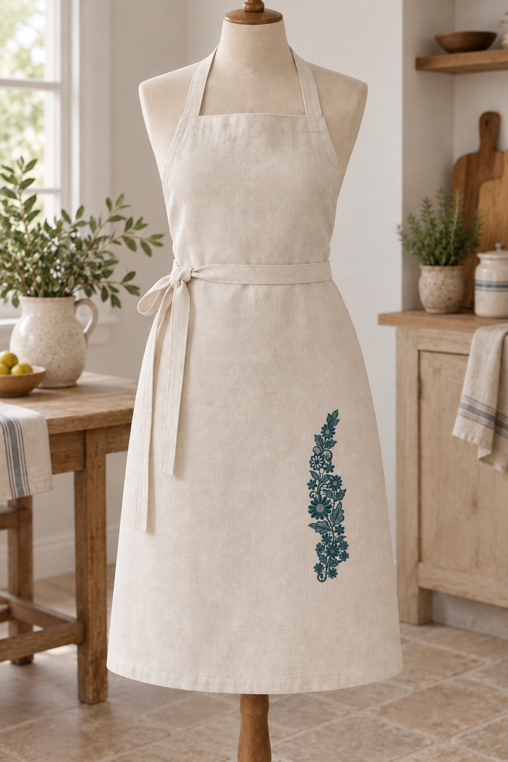 Styled linen apron mockup with a single deep muted petrol teal daisy meadow lace vine embroidered on pale linen; the complete motif has clear fabric around it.