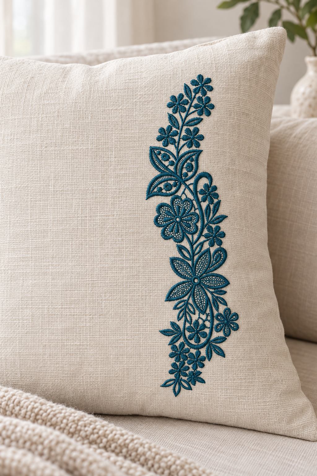 Photorealistic slender floral lace vine machine embroidery in deep petrol teal thread on a linen decorative cushion, shown as one fabric-stitched motif
