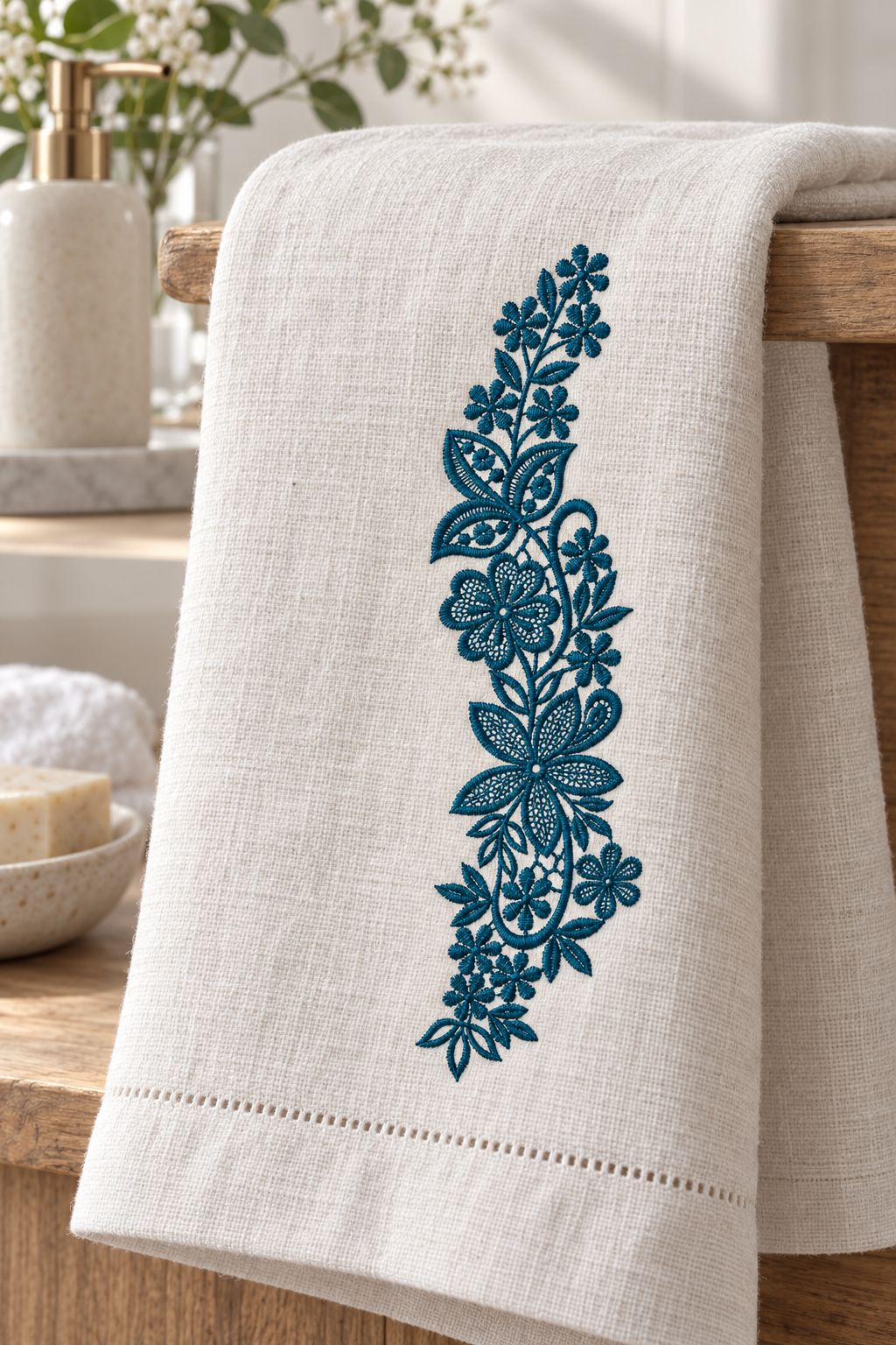 Photorealistic slender floral lace vine machine embroidery in deep petrol teal thread on a linen hand towel, shown as one fabric-stitched motif