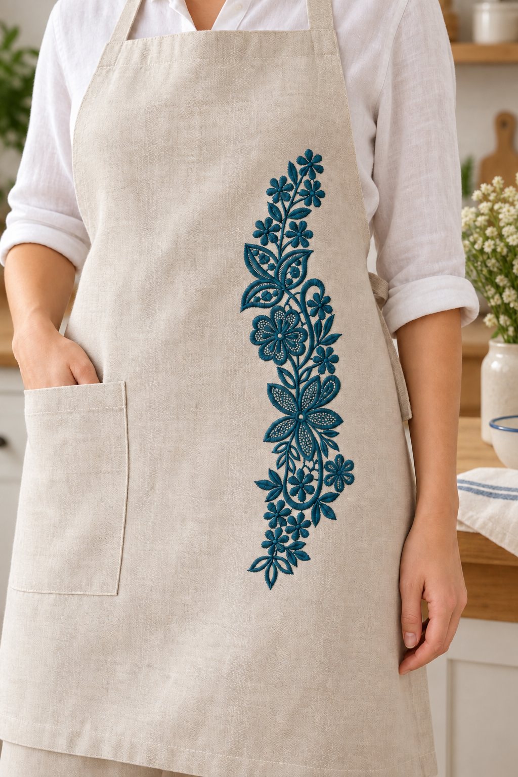 Photorealistic slender floral lace vine machine embroidery in deep petrol teal thread on a natural linen apron, shown as one fabric-stitched motif
