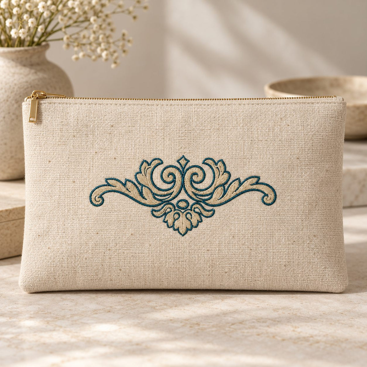 Linen zip clutch with a centered petrol-and-parchment acanthus crest, paired curls, diamond and leafy pendant.