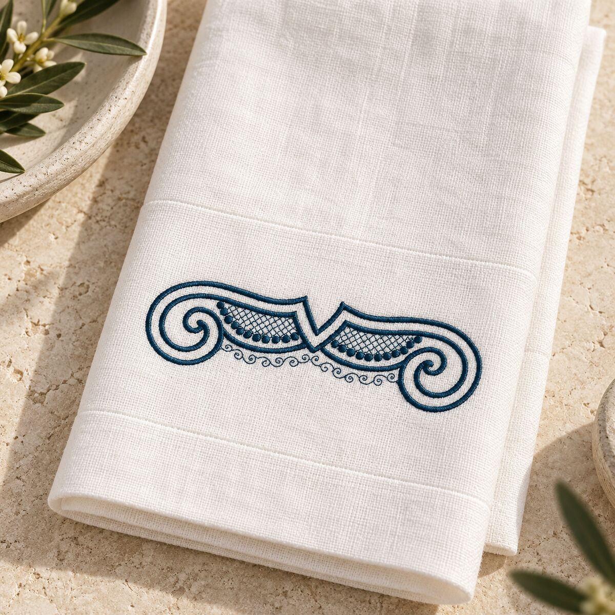 Single-color petrol shell scroll machine embroidery on a folded warm-white linen guest towel