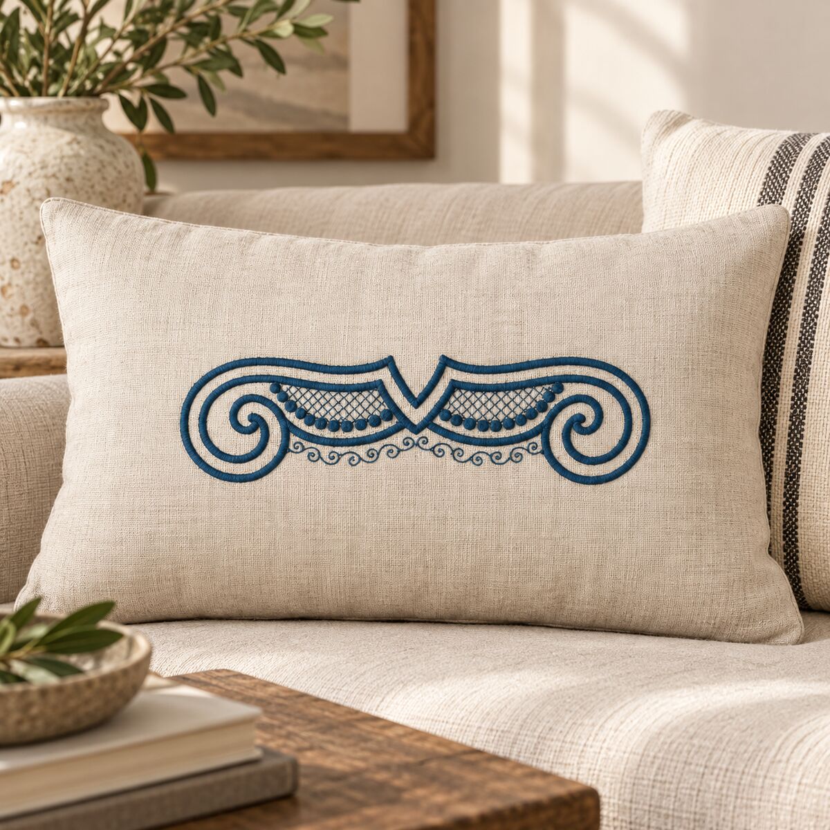 Single-color petrol shell scroll machine embroidery centered on a natural linen lumbar cushion