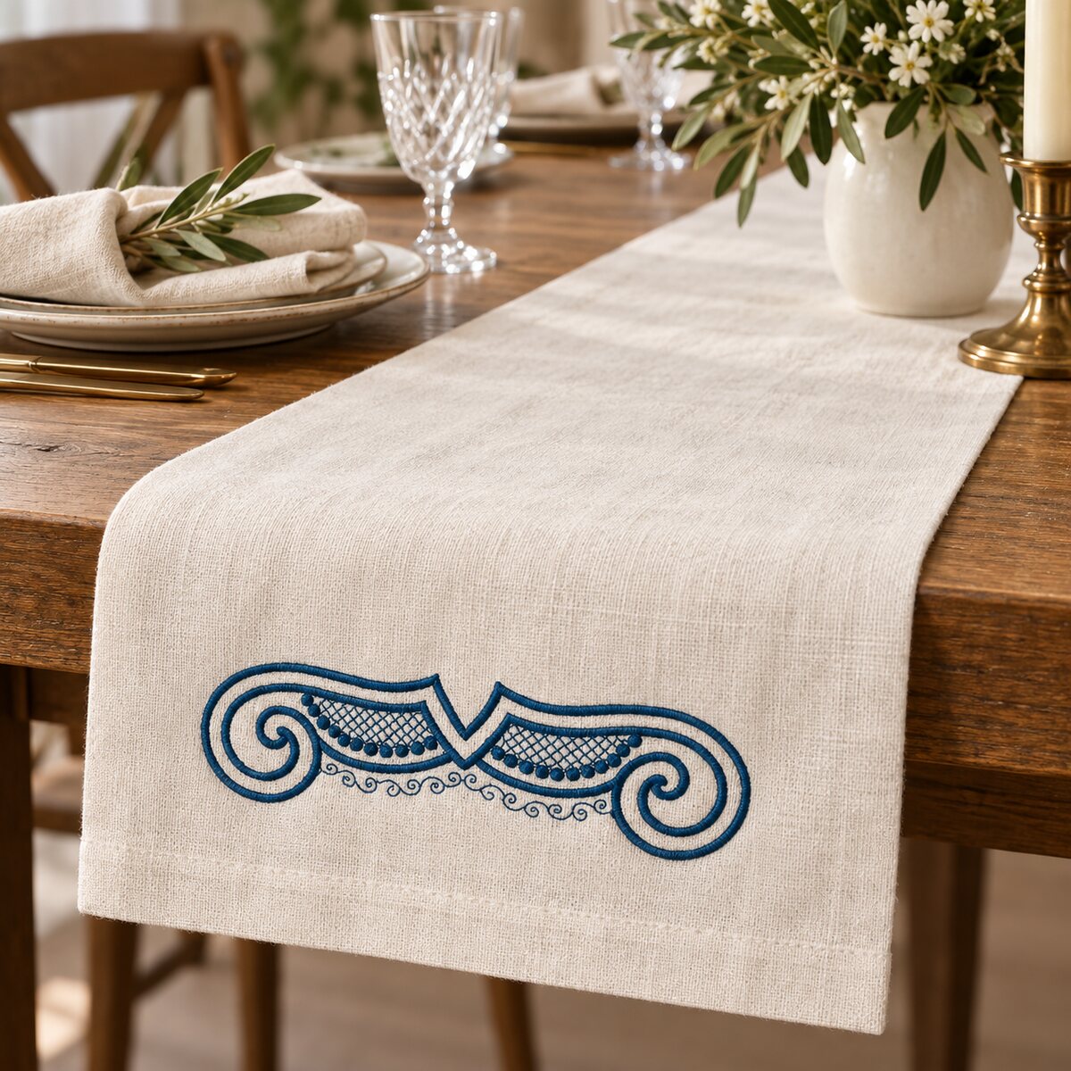 Single-color petrol shell scroll machine embroidery near the end of a warm-white linen table runner