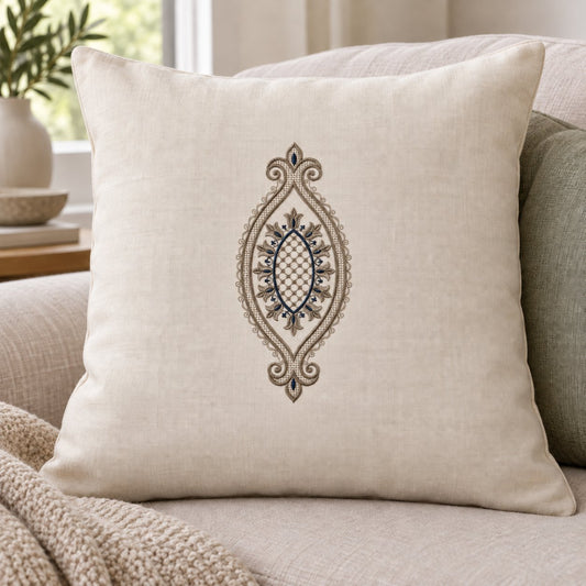 Large ivory linen cushion with a vertically centered pewter and midnight blue tulip teardrop medallion.