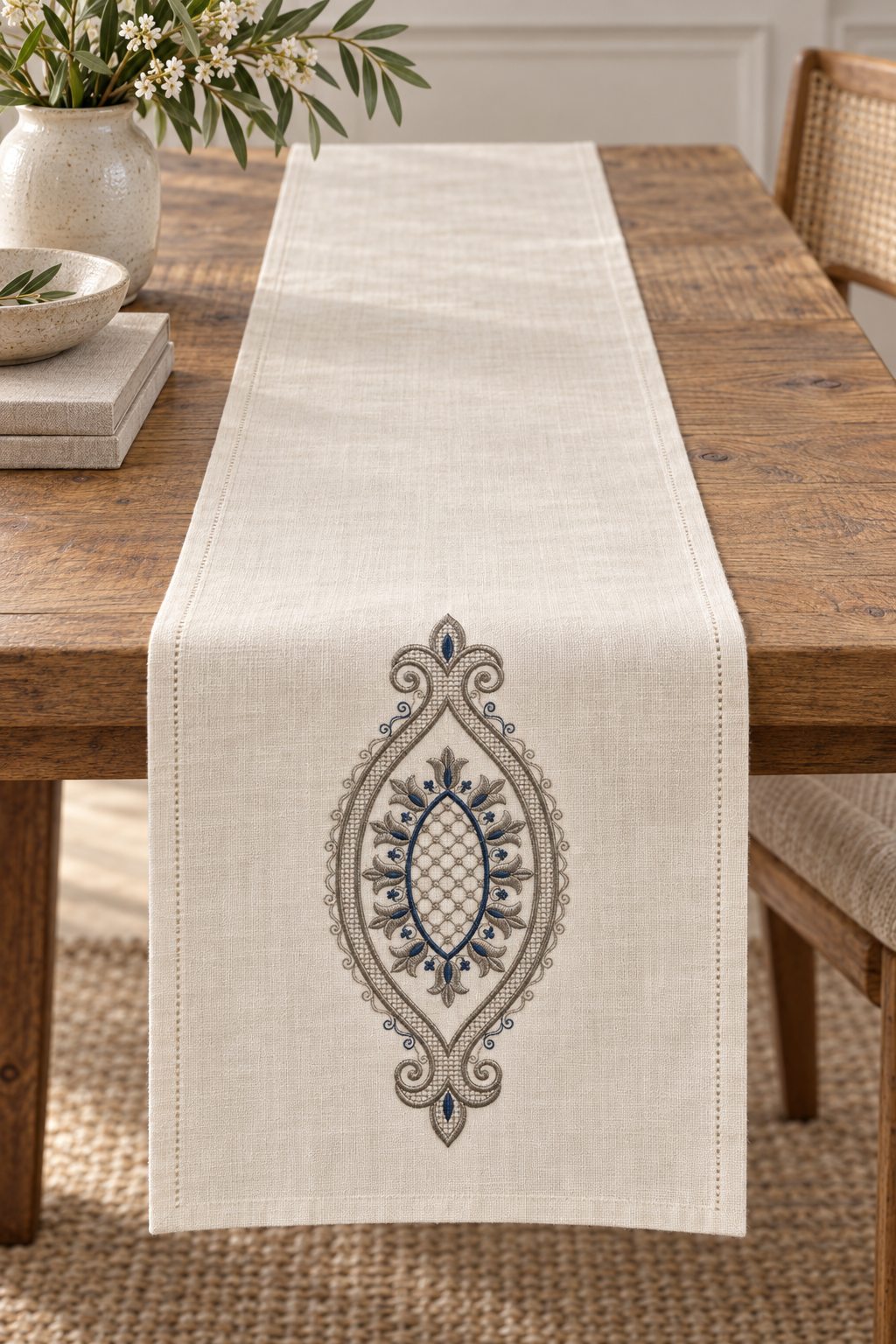 Ivory table runner with one elongated two-tone tulip medallion near the short end on an oak table.
