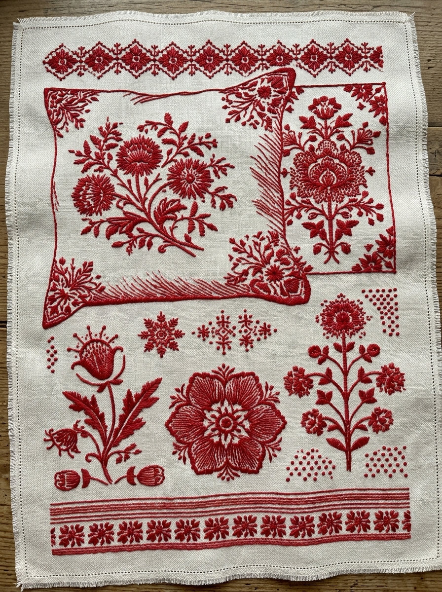 Pillow Home Textile And Heirloom from Folk Redwork & Country Florals Book 4, a digital embroidery design reference for machine embroidery designs, embroidery patterns and linen and home textile projects.