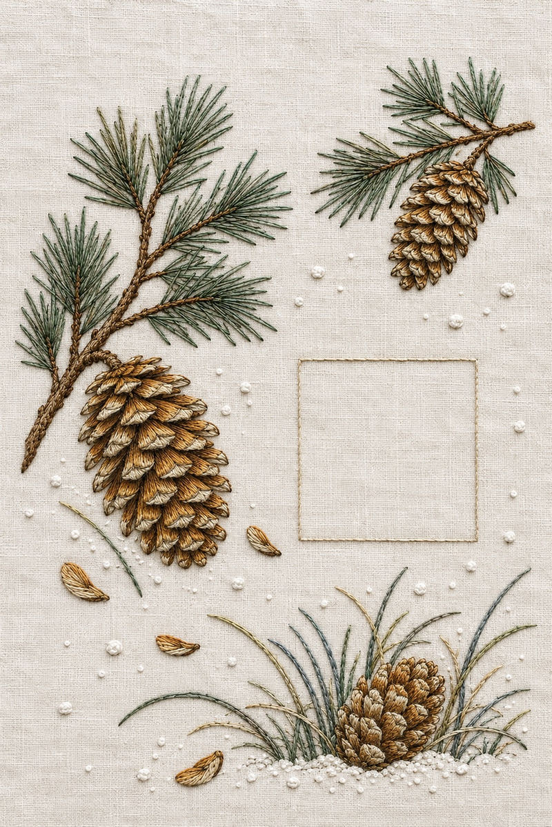Illustrative embroidery design: Separate pine-cone studies sit among needle sprays and snow marks around a square of clear linen.
