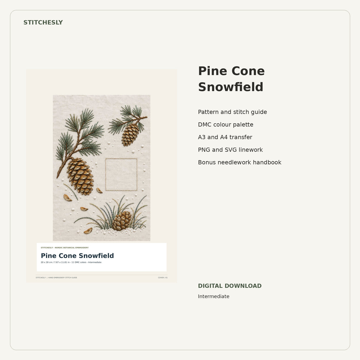 Pine Cone Snowfield PDF stitch guide cover, pattern files and bonus needlework handbook.