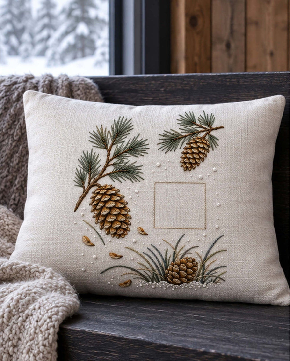 Linen cushion mockup featuring the Pine Cone Snowfield hand embroidery design. Separate pine-cone studies sit among needle sprays and snow marks around a square of clear linen.