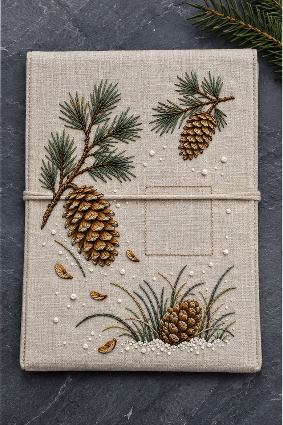 Botanical textile flat lay mockup featuring the Pine Cone Snowfield hand embroidery design. Separate pine-cone studies sit among needle sprays and snow marks around a square of clear linen.