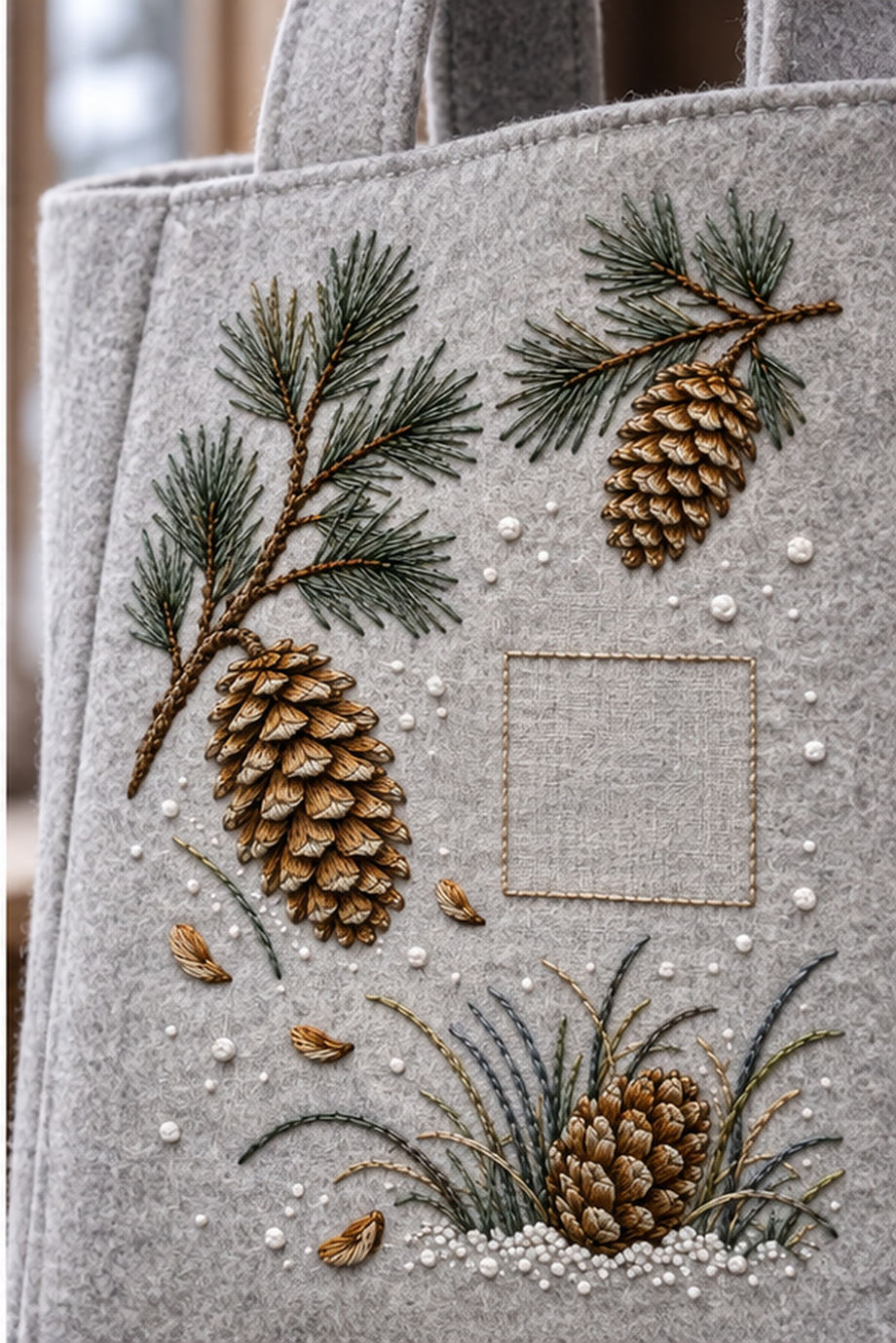 Linen tote bag mockup featuring the Pine Cone Snowfield hand embroidery design. Separate pine-cone studies sit among needle sprays and snow marks around a square of clear linen.
