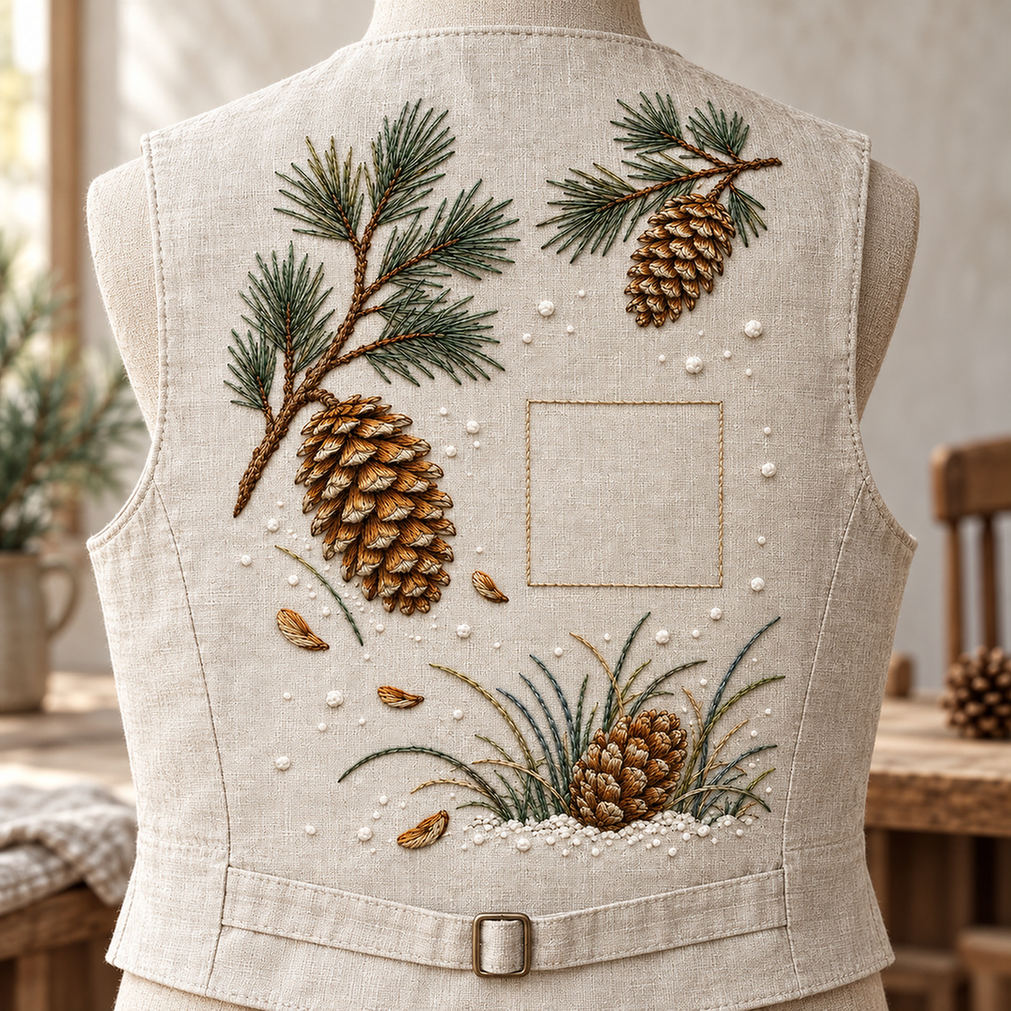 Linen garment mockup featuring the Pine Cone Snowfield hand embroidery design. Separate pine-cone studies sit among needle sprays and snow marks around a square of clear linen.