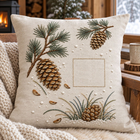 Linen cushion mockup featuring the Pine Cone Snowfield hand embroidery design. Separate pine-cone studies sit among needle sprays and snow marks around a square of clear linen.