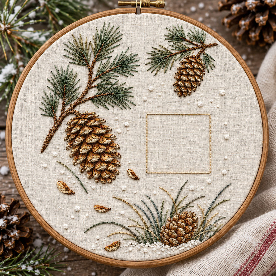 Embroidery hoop mockup featuring the Pine Cone Snowfield hand embroidery design. Separate pine-cone studies sit among needle sprays and snow marks around a square of clear linen.