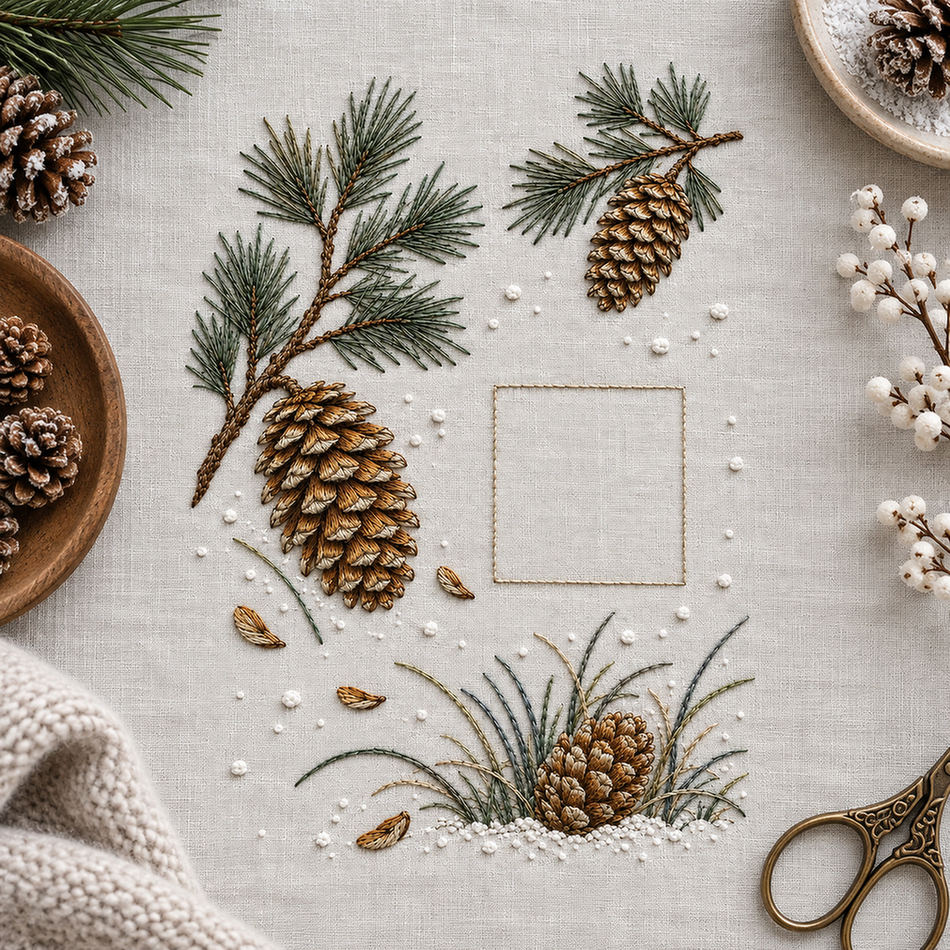 Close view of pine-cone embroidery mockup featuring the Pine Cone Snowfield hand embroidery design. Separate pine-cone studies sit among needle sprays and snow marks around a square of clear linen.