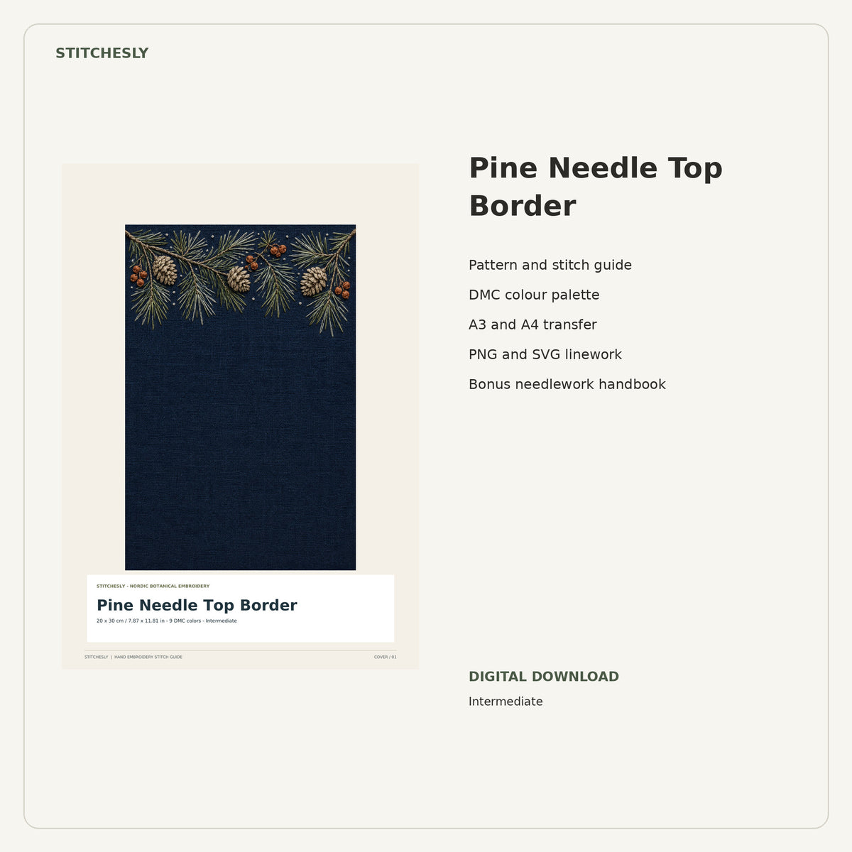 Pine Needle Top Border PDF stitch guide cover, pattern files and bonus needlework handbook.
