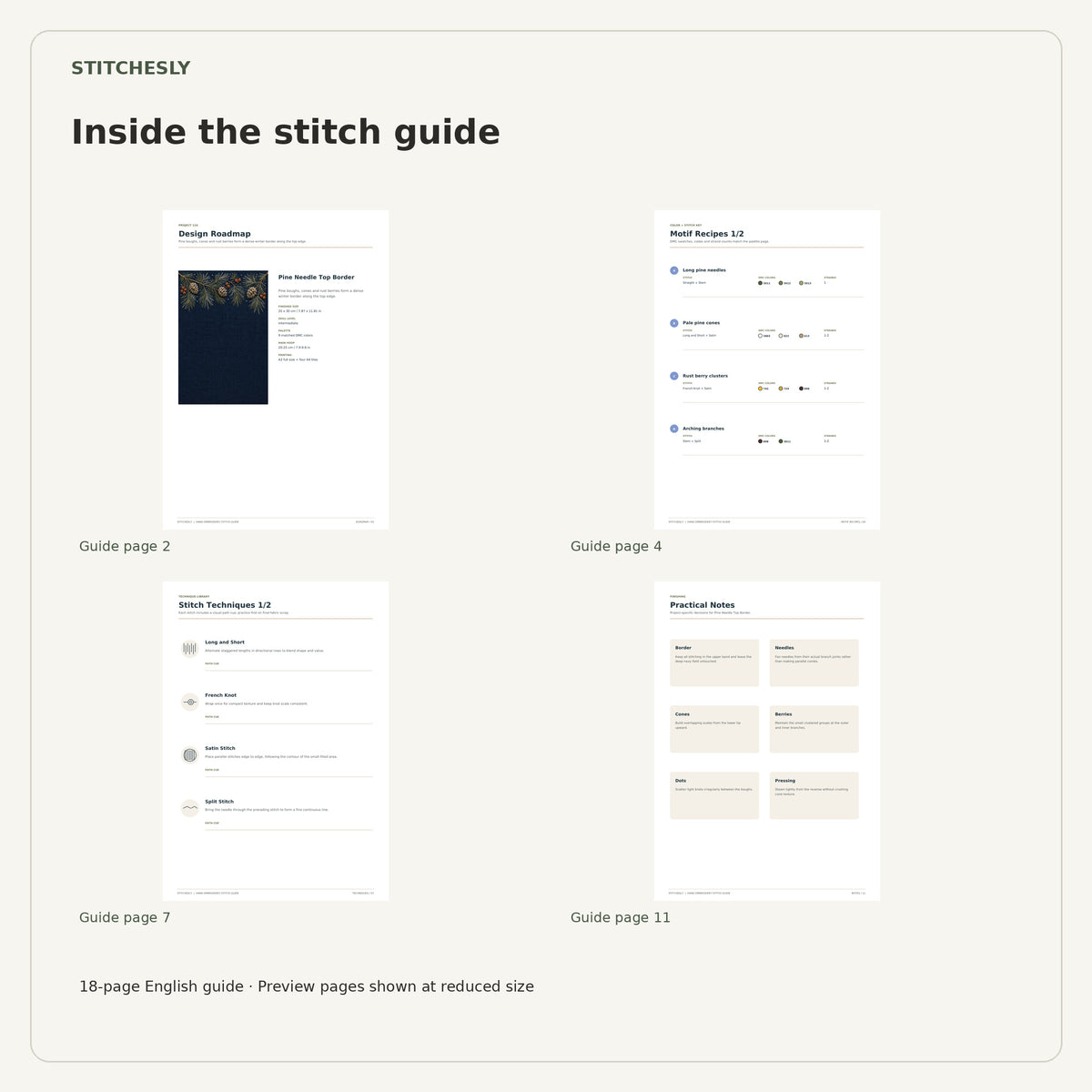 Four reduced-size preview pages from the 18-page Pine Needle Top Border stitch guide.