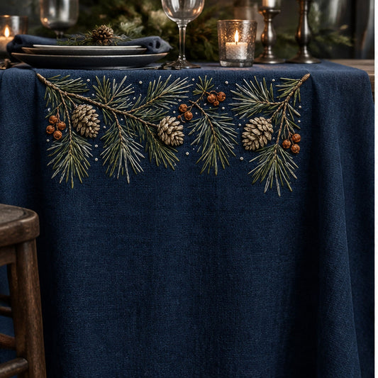 Navy hanging panel mockup featuring the Pine Needle Top Border hand embroidery design. Pine boughs, cones and rust berries gather along the top edge of the drawing.