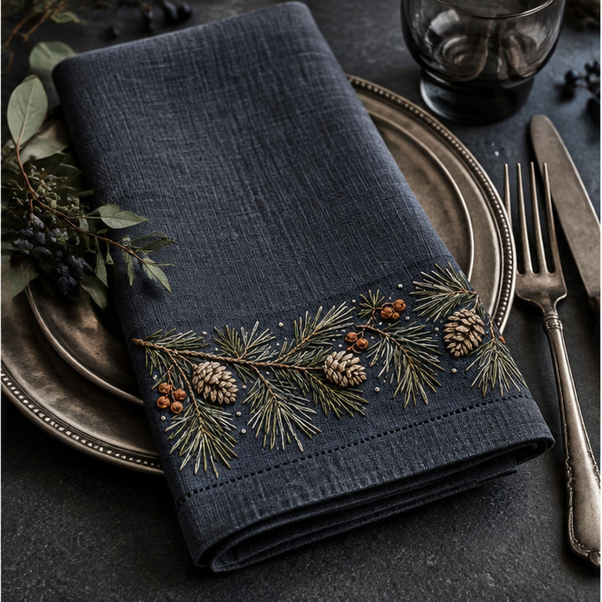 Navy fabric tool roll mockup featuring the Pine Needle Top Border hand embroidery design. Pine boughs, cones and rust berries gather along the top edge of the drawing.