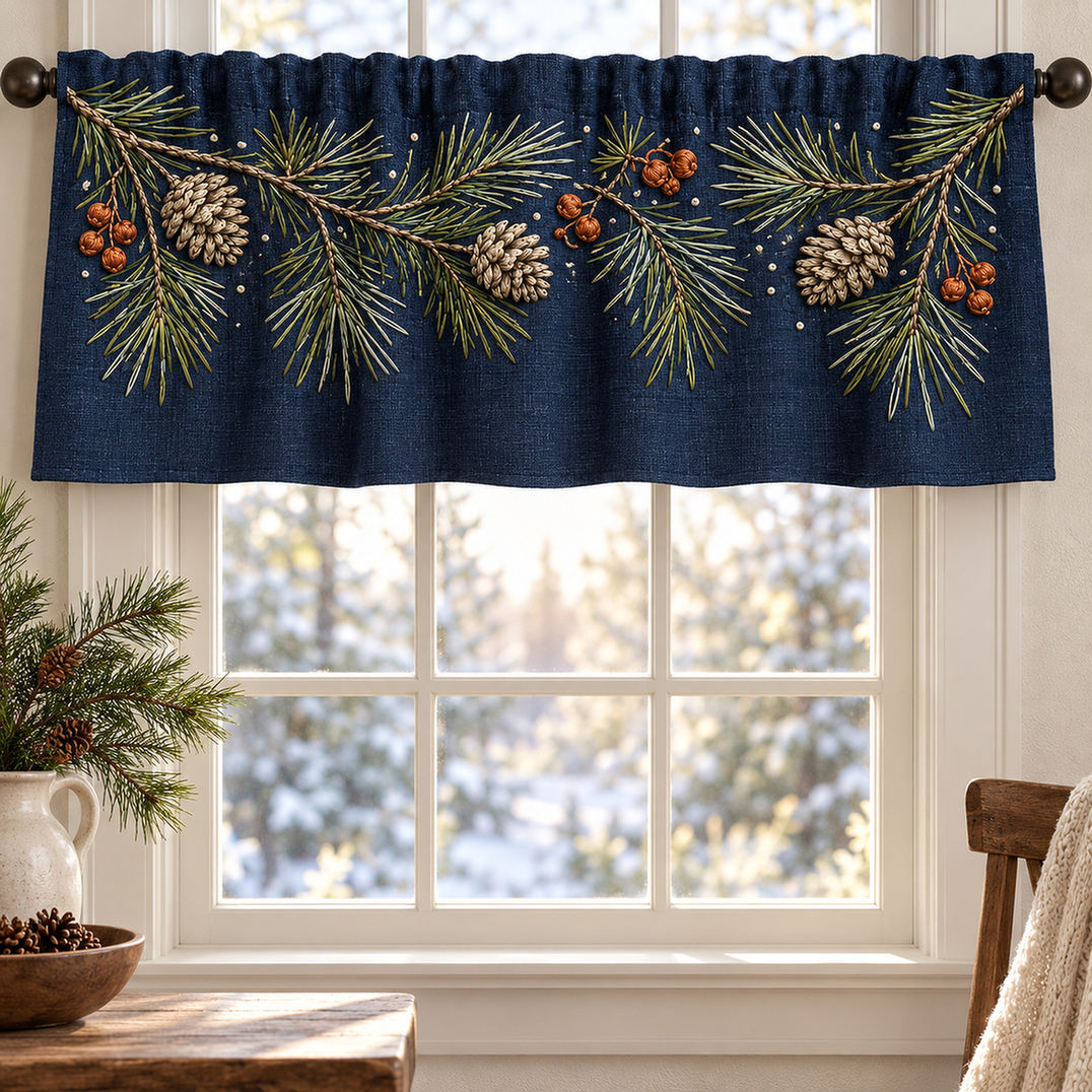 Navy window valance mockup featuring the Pine Needle Top Border hand embroidery design. Pine boughs, cones and rust berries gather along the top edge of the drawing.