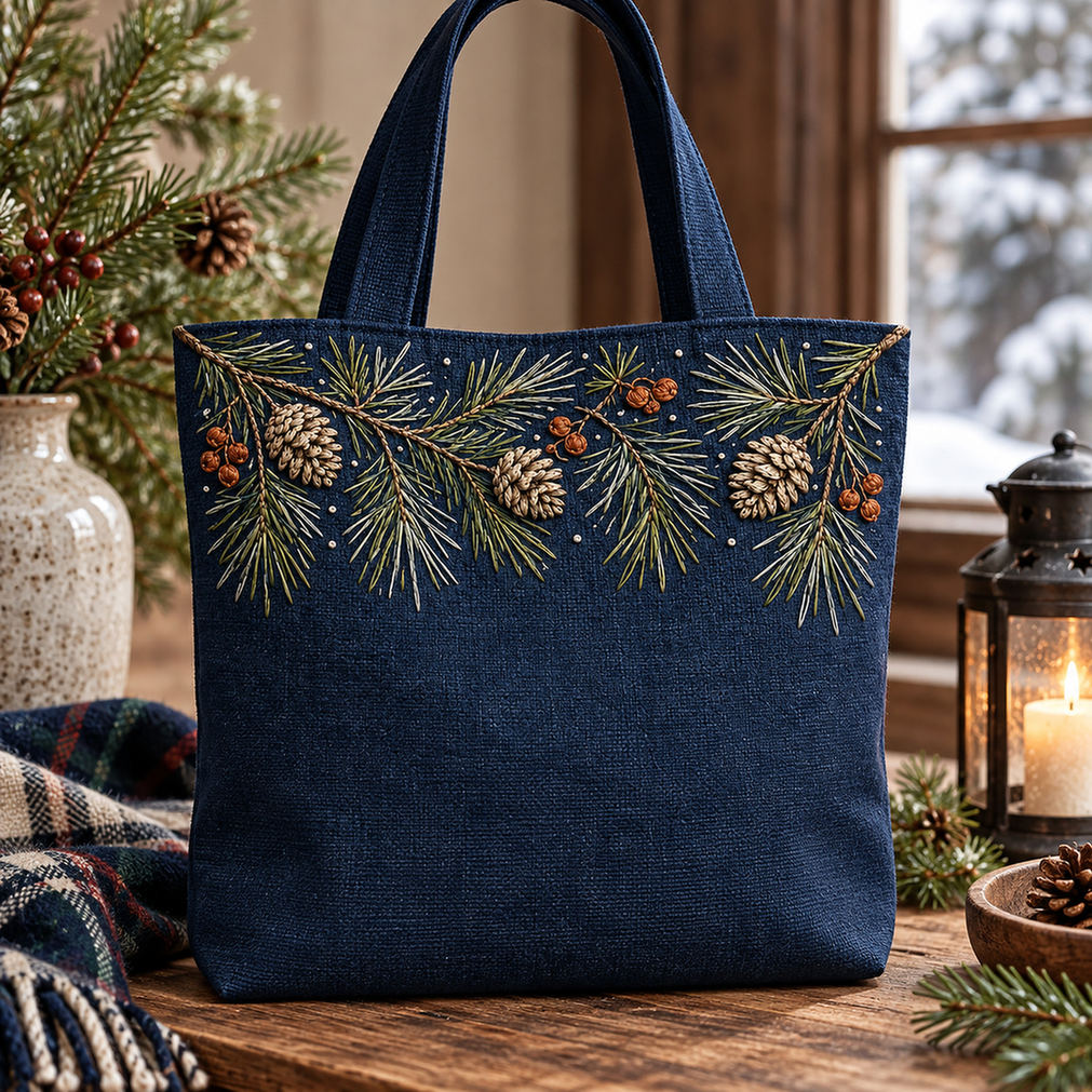 Navy linen tote bag mockup featuring the Pine Needle Top Border hand embroidery design. Pine boughs, cones and rust berries gather along the top edge of the drawing.